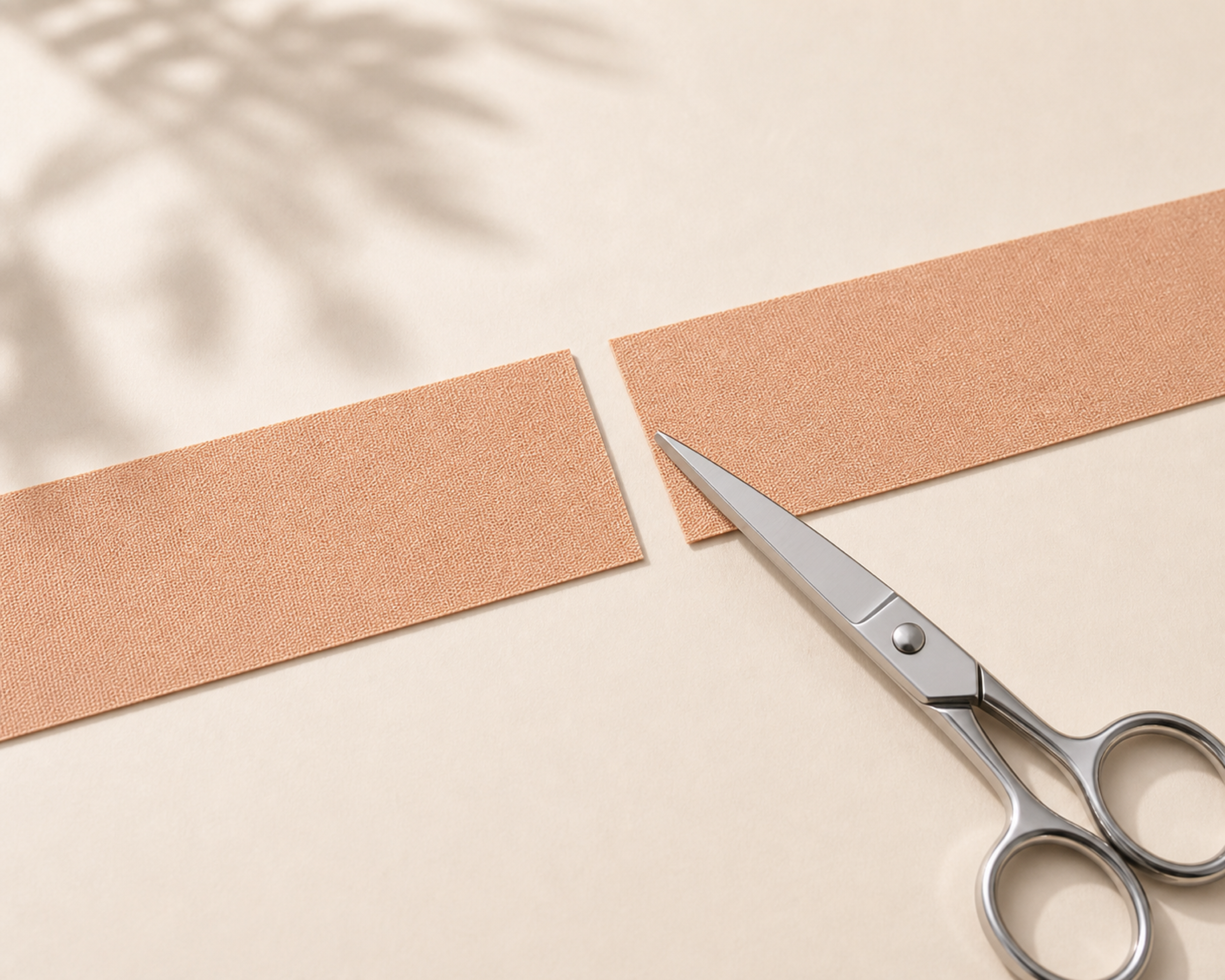 Premium product detail image showing scissors cutting nude support tape without white backing edge