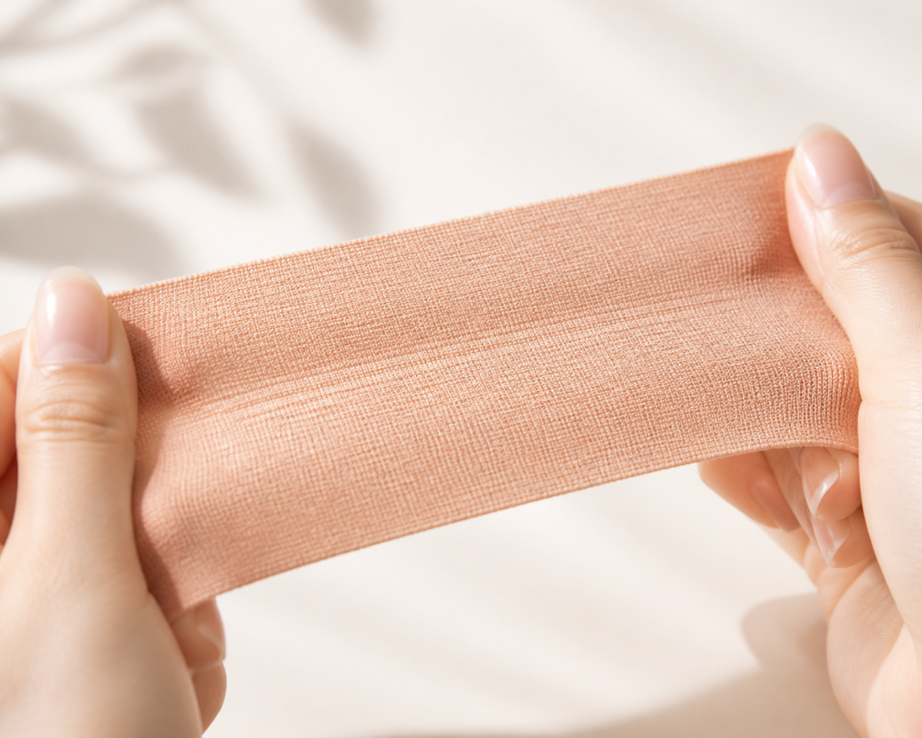 Premium macro image showing elastic nude support tape being gently stretched