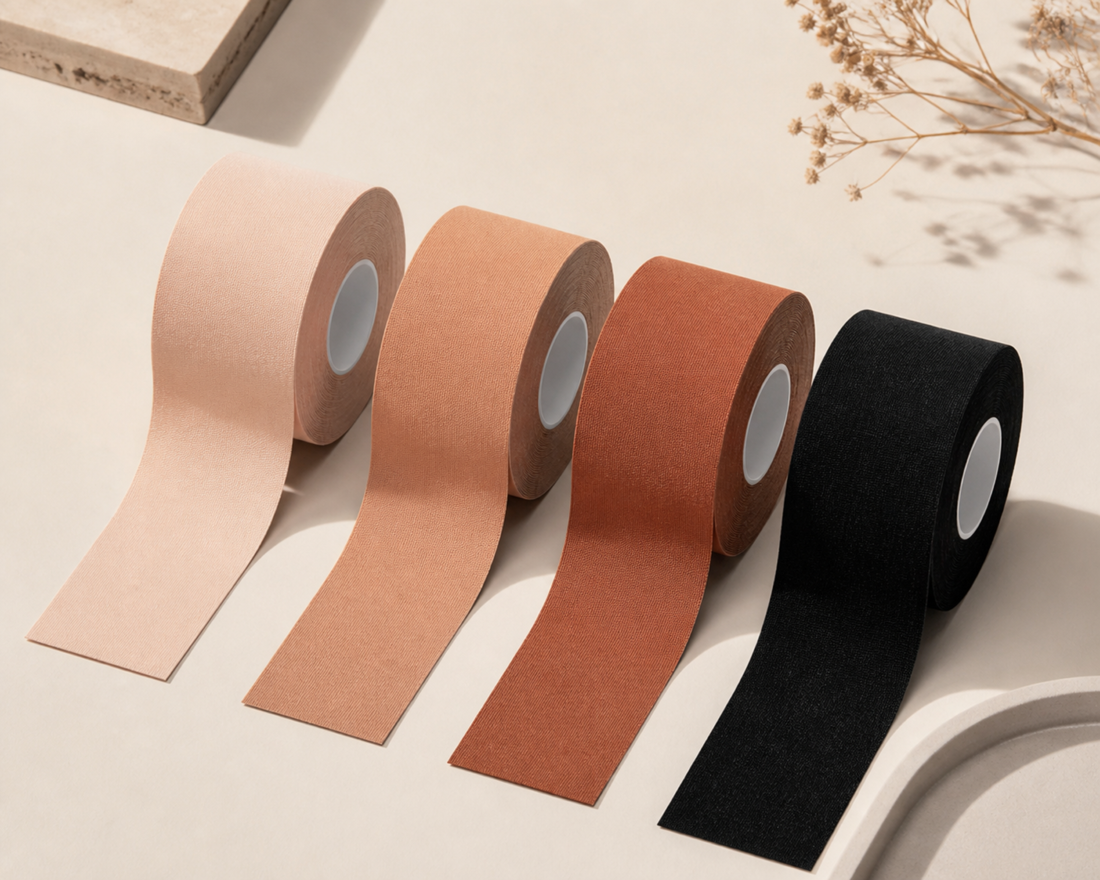 Four neutral shade rolls of premium outfit support tape