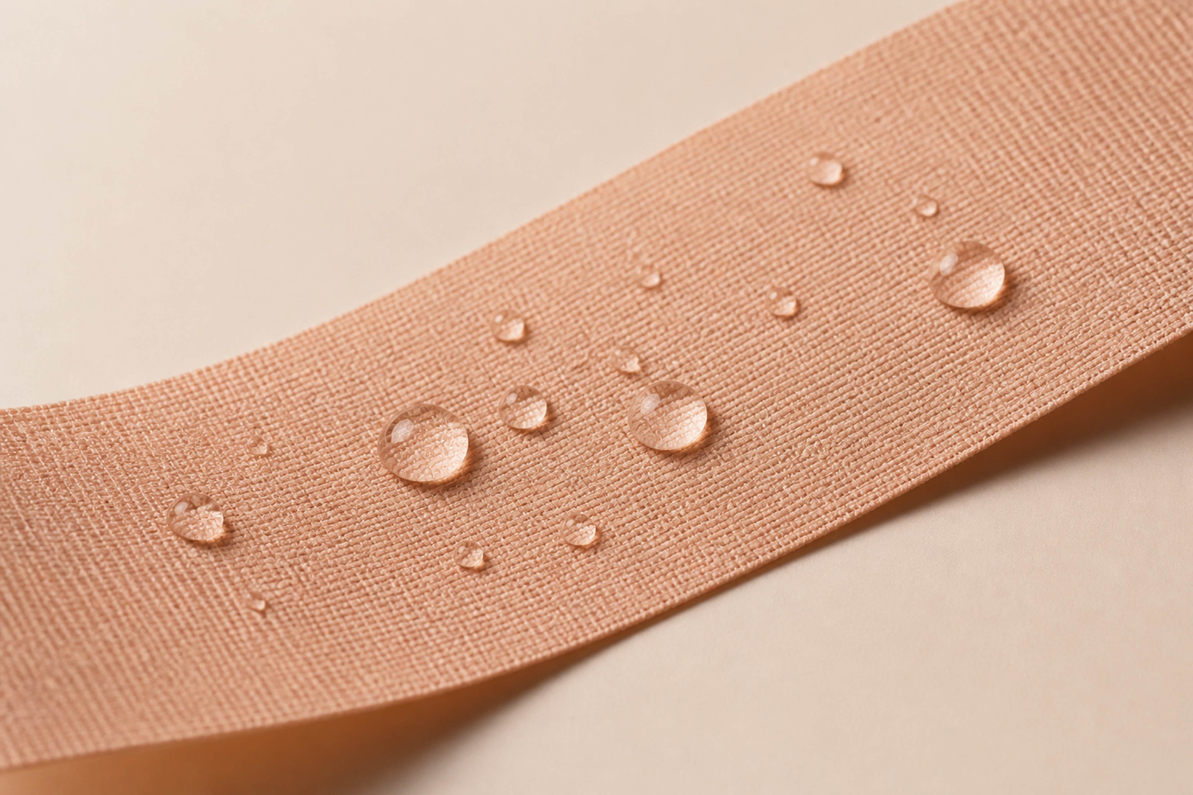 Premium macro image showing water droplets on nude fabric support tape